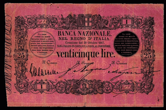 Biglietto da 25 lire I tipo 1866 1868